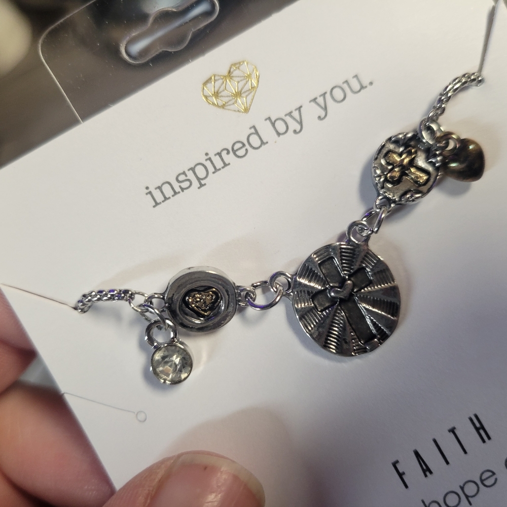 FAITH NEW Charm Bolo Bracelet Cross & Heart Platinum With 18K Yellow Gold Plated